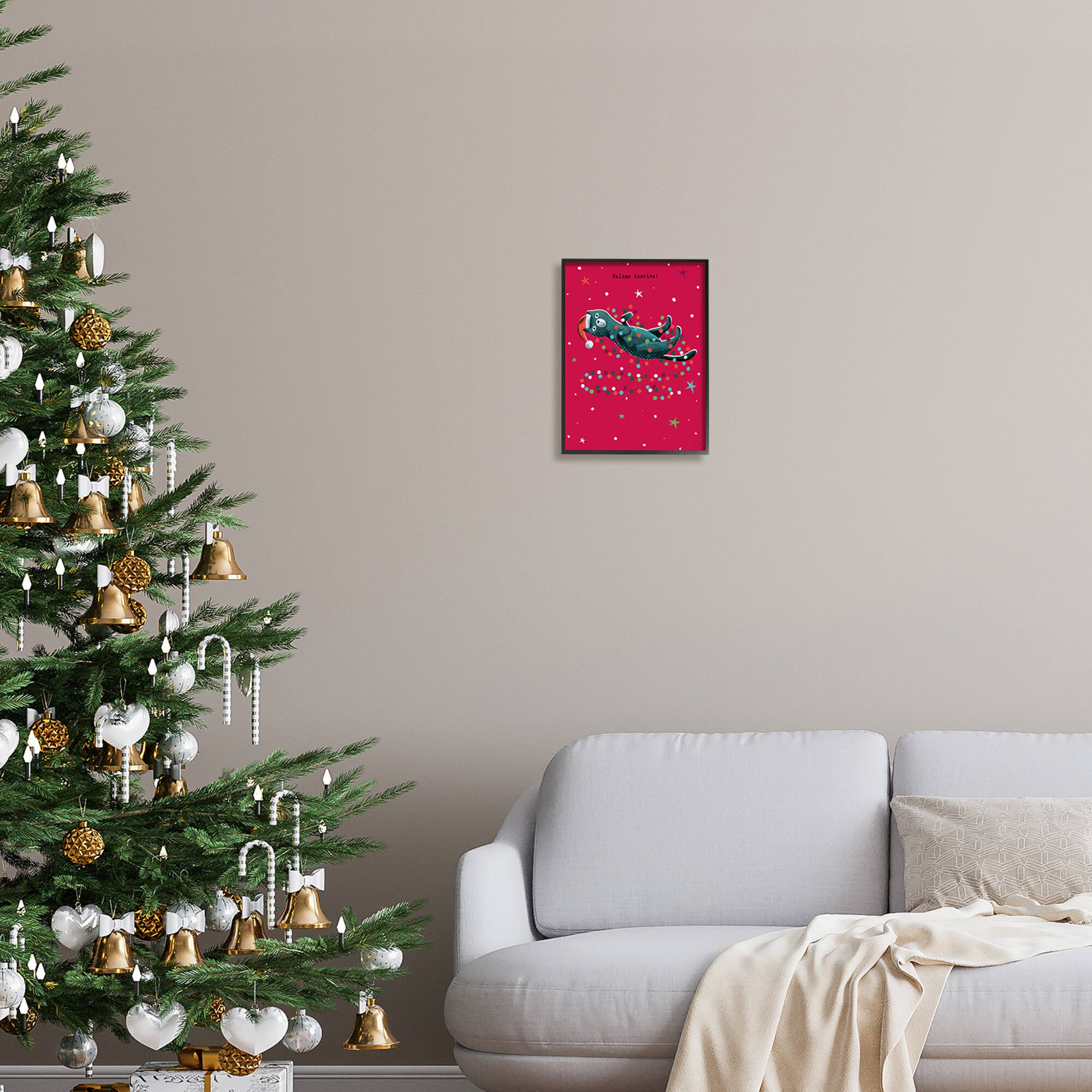 Stupell Industries Feline Festive Christmas Cat Black Framed Giclee Art